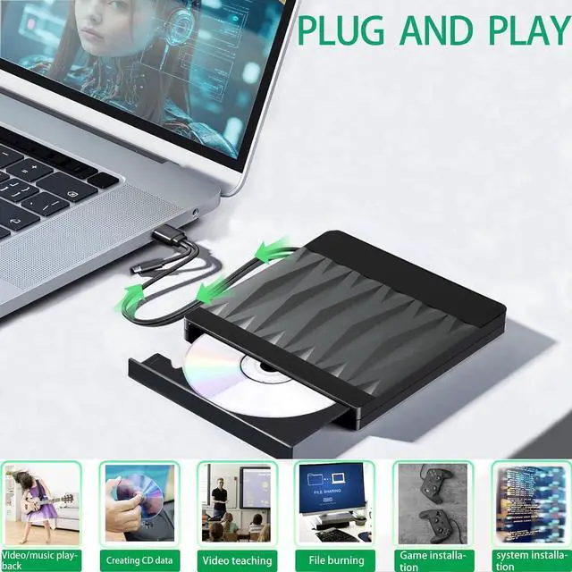 Alt view image 2 of 7 - Hitoor External CD/DVD Drive for Laptop, USB 3.0 CD ROM DVD Burner Slim Portable CD Reader DVD Player Reader Writer Optical Disc Drive Compatible with Laptop Desktop PC Windows 11/10/8/7 Linux MacOS