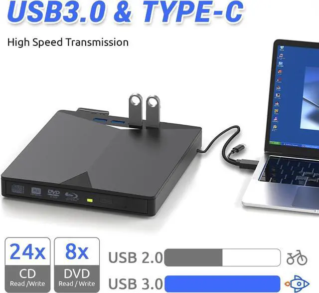 Alt view image 4 of 7 - Hitoor 7 in 1 External Blu-ray Drive, DVD/BD Player Blu Ray Burner with USB 3.0 Type-C Portable Blu Ray Drive, Portable 3D CD DVD Burner Optical Bluray Drive for Laptop PC Desktop Windows 11 10 Mac OS