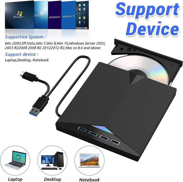 Alt view image 5 of 7 - Hitoor 7 in 1 External Blu-ray Drive, DVD/BD Player Blu Ray Burner with USB 3.0 Type-C Portable Blu Ray Drive, Portable 3D CD DVD Burner Optical Bluray Drive for Laptop PC Desktop Windows 11 10 Mac OS