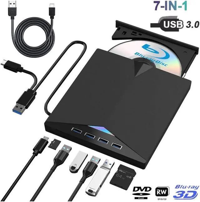 Main image of Hitoor 7 in 1 External Blu-ray Drive, DVD/BD Player Blu Ray Burner with USB 3.0 Type-C Portable Blu Ray Drive, Portable 3D CD DVD Burner Optical Bluray Drive for Laptop PC Desktop Windows 11 10 Mac OS