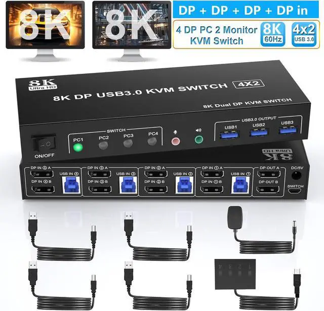 Main image of Hitoor 8K@60Hz Displayport USB 3.0 KVM Switchfor 4 Computers 2 Monitors 4K@144Hz, DP1.4 Dual Monitor Displayport KVM Switch 4 Port with Audio Output and 3 USB 3.0, 8K DP Monitor Switch for 4 PCs