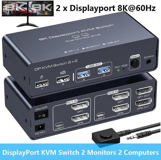 Main image of Hitoor DisplayPort KVM Switch 2 Monitors 2 Computers 8K@60HZ 4K@120Hz, Aluminum KVM Switch, Dual Monitor DP KVM Switcher 2 Monitors for 2 Computers Sharing 4 USB Devices with Desktop Controller