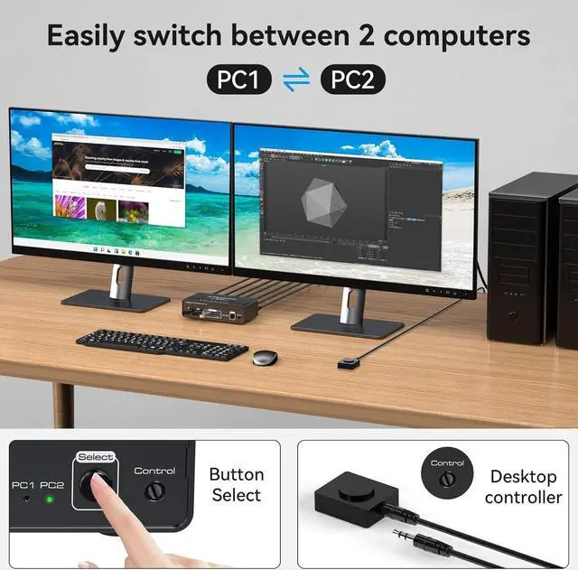 Alt view image 6 of 7 - Hitoor DisplayPort KVM Switch 2 Monitors 2 Computers 8K@60HZ 4K@120Hz, Aluminum KVM Switch, Dual Monitor DP KVM Switcher 2 Monitors for 2 Computers Sharing 4 USB Devices with Desktop Controller