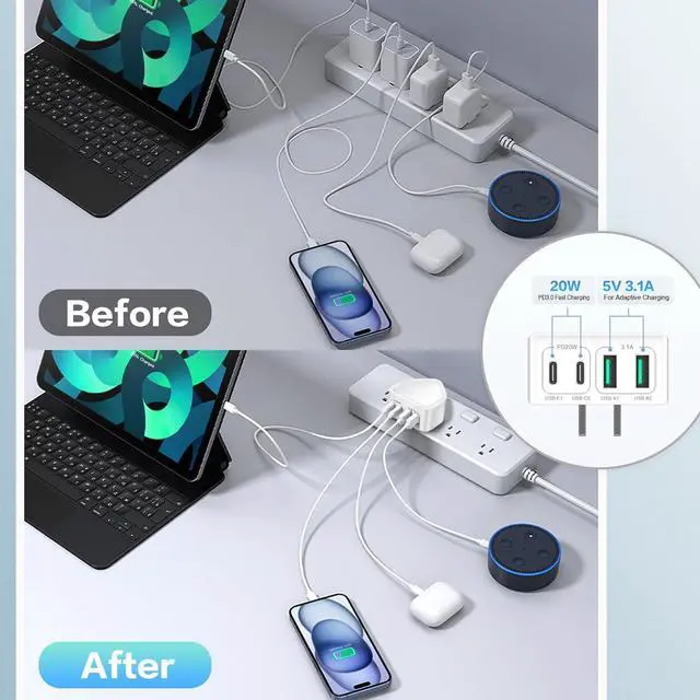 Alt view image 6 of 7 - Hitoor [3-Pack] USB C Charger Block, 40W 4 Port Flat Fast USB C Wall Charger PD 3.0 Power Adapter Multport Type C Charging Plug Brick for i-Phone 15 Plus 14 13 12 11 Pro Max, Android Cellphones,Tablet