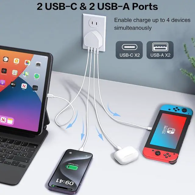 Alt view image 2 of 7 - Hitoor [3-Pack] USB C Charger Block, 40W 4 Port Flat Fast USB C Wall Charger PD 3.0 Power Adapter Multport Type C Charging Plug Brick for i-Phone 15 Plus 14 13 12 11 Pro Max, Android Cellphones,Tablet