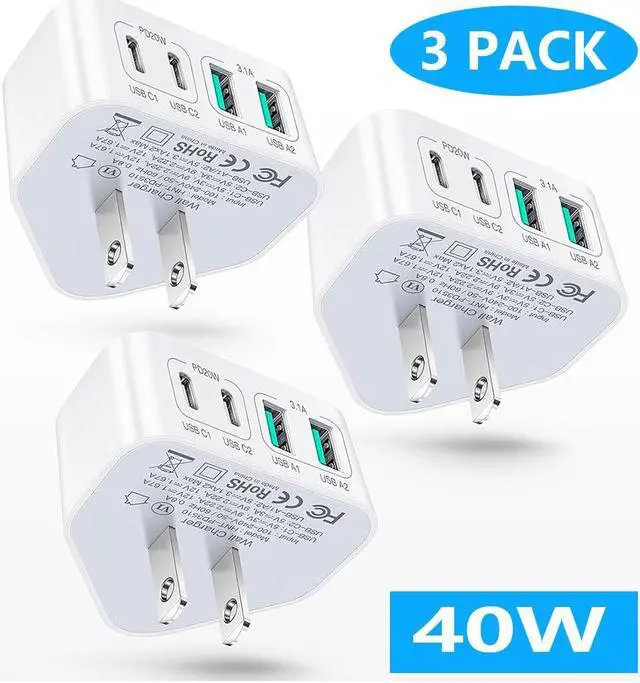 Main image of Hitoor [3-Pack] USB C Charger Block, 40W 4 Port Flat Fast USB C Wall Charger PD 3.0 Power Adapter Multport Type C Charging Plug Brick for i-Phone 15 Plus 14 13 12 11 Pro Max, Android Cellphones,Tablet