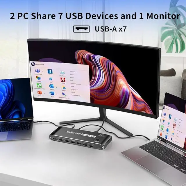 Alt view image 2 of 7 - Hitoor 2 Ports Type C KVM Switch for 1 Monitors 2 Computers, 8K@60Hz USB C Type-C KVM Switches 2 in 1 Out with 7 USB 2.0 Ports for 2 Computers Sharing Monitor Keyboard Mouse Hard Drives Printer