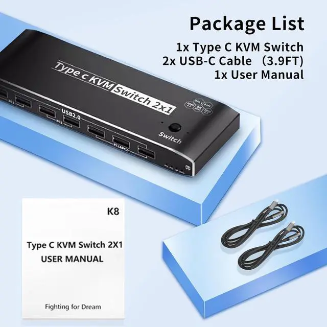 Alt view image 7 of 7 - Hitoor 2 Ports Type C KVM Switch for 1 Monitors 2 Computers, 8K@60Hz USB C Type-C KVM Switches 2 in 1 Out with 7 USB 2.0 Ports for 2 Computers Sharing Monitor Keyboard Mouse Hard Drives Printer