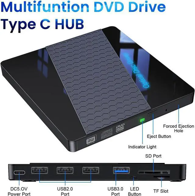 Alt view image 3 of 7 - Hitoor [8-in-1] External DVD Drive, USB 3.0 Type C External CD/Dvd +/-Rw Drive Portable CD/DVD Player Burner Reader Writer Player, Optical CD ROM Disk Drive For Laptop Windows 10/8/7/XP/Linux, MacOS