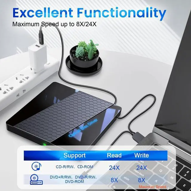 Alt view image 4 of 7 - Hitoor [8-in-1] External DVD Drive, USB 3.0 Type C External CD/Dvd +/-Rw Drive Portable CD/DVD Player Burner Reader Writer Player, Optical CD ROM Disk Drive For Laptop Windows 10/8/7/XP/Linux, MacOS