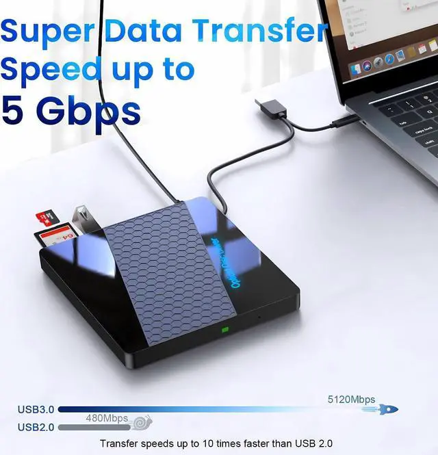 Alt view image 2 of 7 - Hitoor [8-in-1] External DVD Drive, USB 3.0 Type C External CD/Dvd +/-Rw Drive Portable CD/DVD Player Burner Reader Writer Player, Optical CD ROM Disk Drive For Laptop Windows 10/8/7/XP/Linux, MacOS