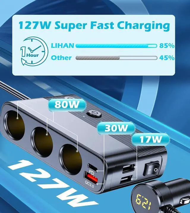 Alt view image 3 of 7 - Hitoor 7 in 1 Car Charger, Cigarette Lighter Splitter Car Charger Adapter, Type-C QC3.0 PD 30W Charging, Dual USB Charging Ports, Independent Switches, LED Voltmeter, Plug Outlet 12V/24V (3.3ft Cable)