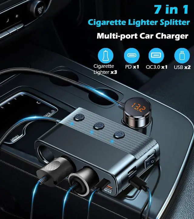 Alt view image 2 of 7 - Hitoor 7 in 1 Car Charger, Cigarette Lighter Splitter Car Charger Adapter, Type-C QC3.0 PD 30W Charging, Dual USB Charging Ports, Independent Switches, LED Voltmeter, Plug Outlet 12V/24V (3.3ft Cable)