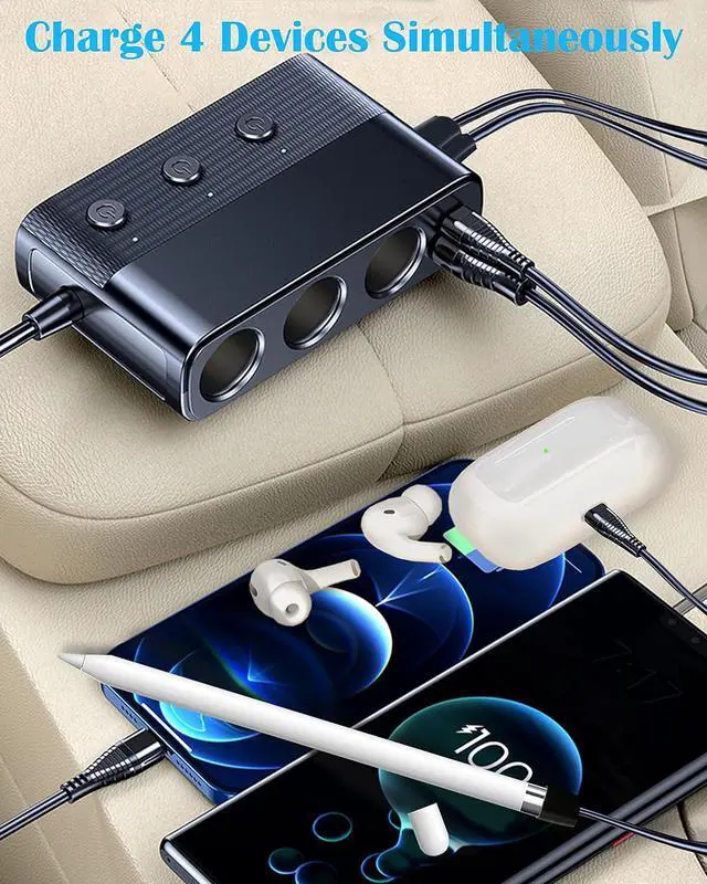 Alt view image 4 of 7 - Hitoor 7 in 1 Car Charger, Cigarette Lighter Splitter Car Charger Adapter, Type-C QC3.0 PD 30W Charging, Dual USB Charging Ports, Independent Switches, LED Voltmeter, Plug Outlet 12V/24V (3.3ft Cable)