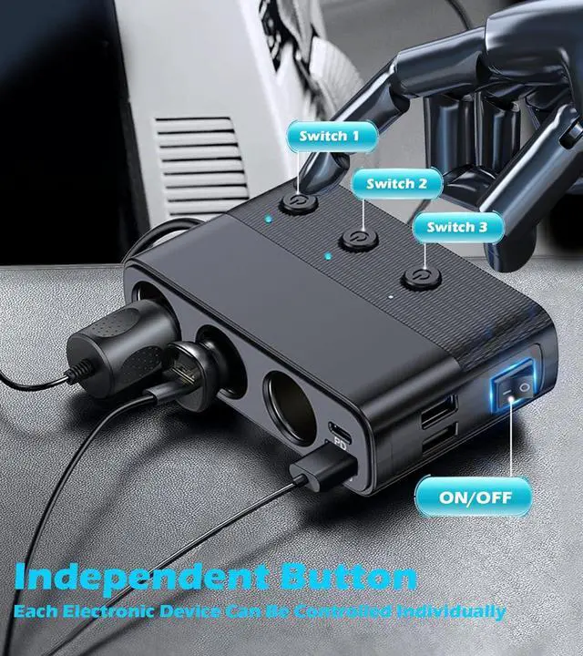Alt view image 5 of 7 - Hitoor 7 in 1 Car Charger, Cigarette Lighter Splitter Car Charger Adapter, Type-C QC3.0 PD 30W Charging, Dual USB Charging Ports, Independent Switches, LED Voltmeter, Plug Outlet 12V/24V (3.3ft Cable)