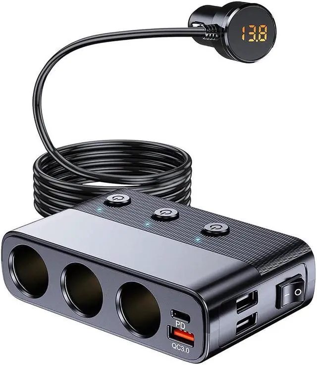 Main image of Hitoor 7 in 1 Car Charger, Cigarette Lighter Splitter Car Charger Adapter, Type-C QC3.0 PD 30W Charging, Dual USB Charging Ports, Independent Switches, LED Voltmeter, Plug Outlet 12V/24V (3.3ft Cable)