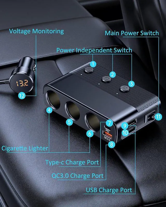 Alt view image 7 of 7 - Hitoor 7 in 1 Car Charger, Cigarette Lighter Splitter Car Charger Adapter, Type-C QC3.0 PD 30W Charging, Dual USB Charging Ports, Independent Switches, LED Voltmeter, Plug Outlet 12V/24V (3.3ft Cable)