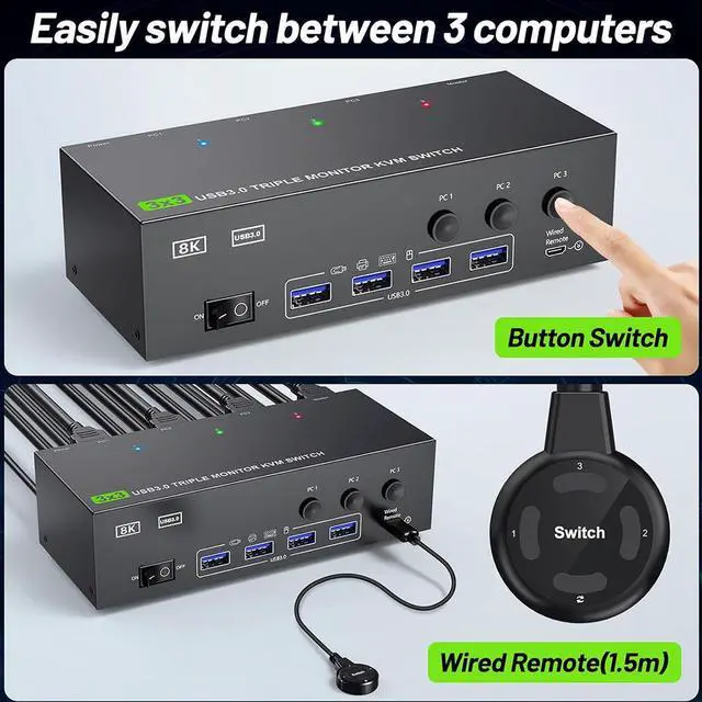 Alt view image 4 of 7 - Hitoor KVM Switch 3 Monitors 3 Computers 8K@60Hz, HDMI + 2* Displayport Triple Monitor KVM Switch, 3x3 KVM Switch with 4 USB 3.0 Port for Keyboard Mouse Printer,Wired Remote and Power Adapter Included