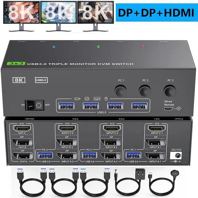 Main image of Hitoor KVM Switch 3 Monitors 3 Computers 8K@60Hz, HDMI + 2* Displayport Triple Monitor KVM Switch, 3x3 KVM Switch with 4 USB 3.0 Port for Keyboard Mouse Printer,Wired Remote and Power Adapter Included