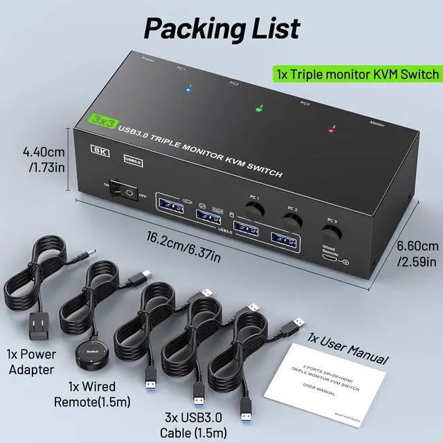 Alt view image 7 of 7 - Hitoor KVM Switch 3 Monitors 3 Computers 8K@60Hz, HDMI + 2* Displayport Triple Monitor KVM Switch, 3x3 KVM Switch with 4 USB 3.0 Port for Keyboard Mouse Printer,Wired Remote and Power Adapter Included