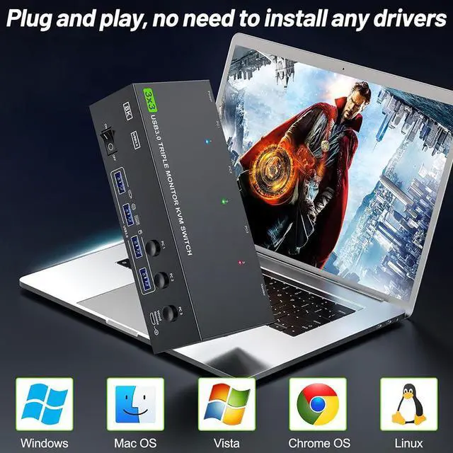 Alt view image 6 of 7 - Hitoor KVM Switch 3 Monitors 3 Computers 8K@60Hz, HDMI + 2* Displayport Triple Monitor KVM Switch, 3x3 KVM Switch with 4 USB 3.0 Port for Keyboard Mouse Printer,Wired Remote and Power Adapter Included
