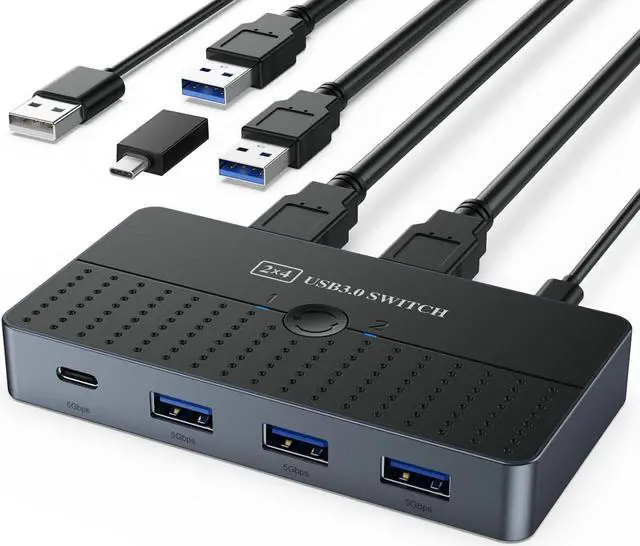 Main image of Hitoor USB 3.0 Switch 2 in 4 Out for 2 Computers Sharing USB C & A Devices, USB Switcher for PC Mouse Keyboard Printer Scanner, USB 3.0 KVM Switch Selector Compatible with Windows, Mac, Linux