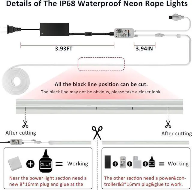 Alt view image 6 of 7 - Hitoor Neon Rope Lights, 16.4FT/5M RGB LED Strip Lights App Control, IR Remote, Music Syncing,Outdoor IP67 Waterproof, Flexible DIY Design for Bedroom, Living, Gaming, Party Decoration