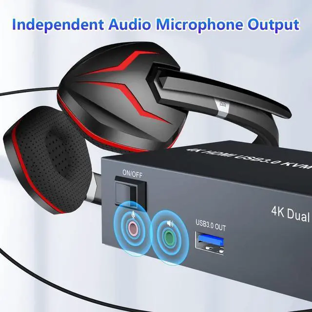 Alt view image 6 of 7 - Hitoor USB 3.0 HDMI Dual Monitor KVM Switch 2 Port, 4K@60Hz HDMI KVM Switch for 2 Computers Share 2 Monitors and 3 USB 3.0 Ports, Audio Microphone Output, Wired Remote and 2 USB 3.0 Cables Included