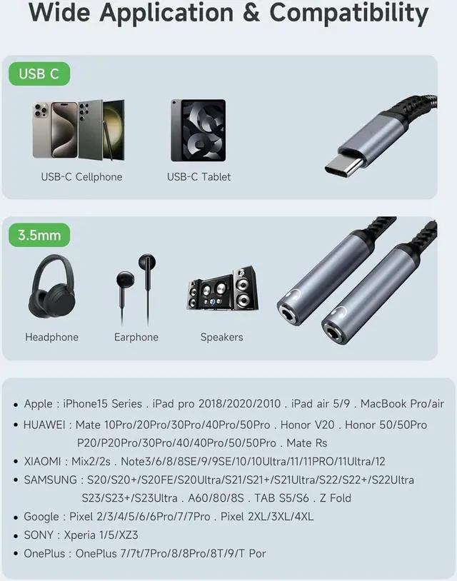 Alt view image 4 of 7 - Hitoor USB C to 3.5mm Aux Audio Headphone Splitter, Type C to Dual 3.5mm Female Headphone Jack Adapter,Hi-Res 2 Way Audio Sharing Y Cable Cord for S23 S21 S20, i-P-h-o-n-e 15, G-o-o-g-l-e Pixel 4 3 XL