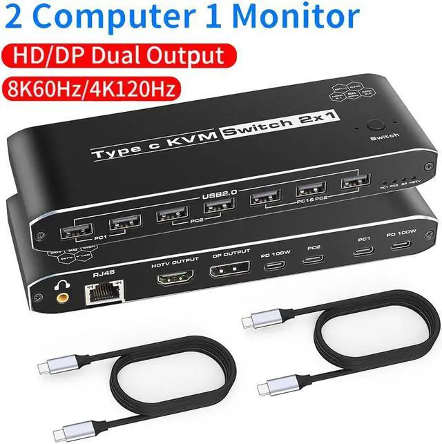 Main image of Hitoor Type-C KVM Switch for 2 Laptops Share 1 Monitor, KVM Switch Docking Station with 7 USB-A Ports, 2 USB-C Charging 100W, RJ45 Port, Thunderbolt KVM Supports 4K@60Hz with HDMI and DP for Laptops