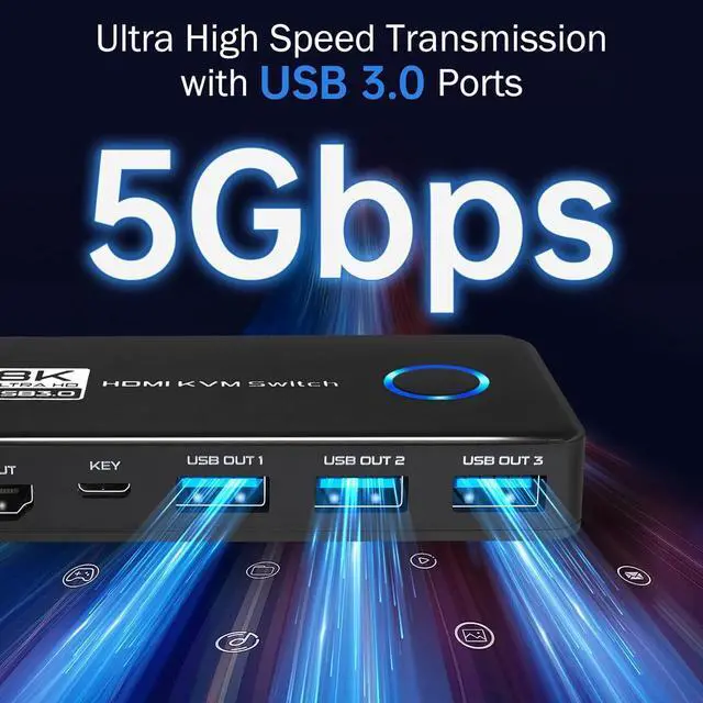 Alt view image 4 of 7 - Hitoor 2 Port HDMI KVM Switch, 8K@60Hz 4K@120Hz HDMI USB 3.0 KVM Switch for 2 Computer Share 1 HD Monitor and 3 USB 3.0 Devices, Included Wired Remote, 2 HD-MI 2.1 Cables and 2 USB 3.0 Cables