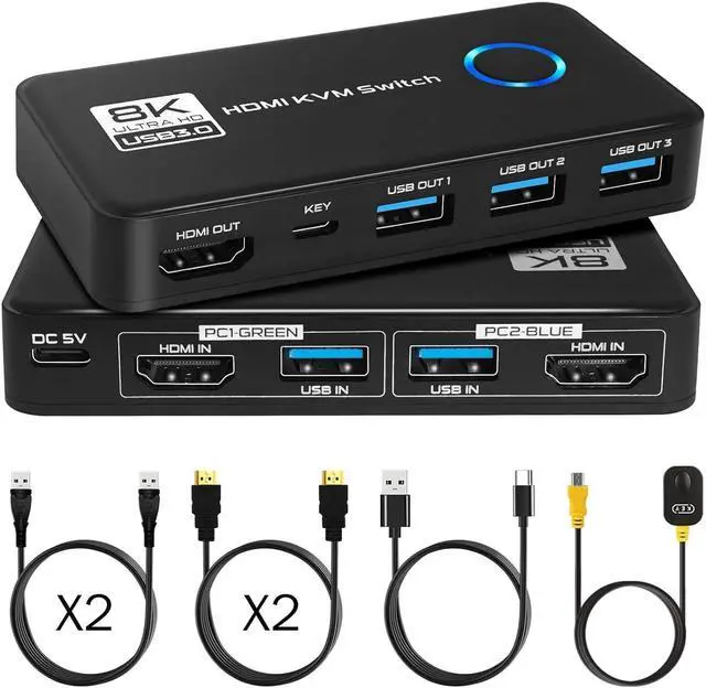 Alt view image 7 of 7 - Hitoor 2 Port HDMI KVM Switch, 8K@60Hz 4K@120Hz HDMI USB 3.0 KVM Switch for 2 Computer Share 1 HD Monitor and 3 USB 3.0 Devices, Included Wired Remote, 2 HD-MI 2.1 Cables and 2 USB 3.0 Cables