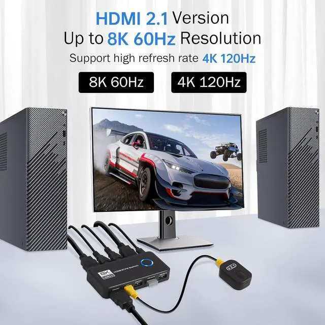 Alt view image 3 of 7 - Hitoor 2 Port HDMI KVM Switch, 8K@60Hz 4K@120Hz HDMI USB 3.0 KVM Switch for 2 Computer Share 1 HD Monitor and 3 USB 3.0 Devices, Included Wired Remote, 2 HD-MI 2.1 Cables and 2 USB 3.0 Cables