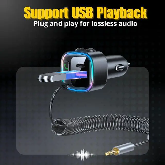 Alt view image 5 of 6 - Hitoor Bluetooth 5.4 Car Adapter Aux, Bluetooth Wireless Transmitter for Car with 3.5mm Auxiliary, Dual USB C and USB A Charging Ports, Hands-Free Calling, Support USB Flash Drive