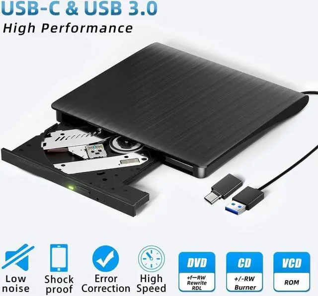 Alt view image 2 of 7 - Hitoor External CD DVD Drive, Portable USB 3.0 and Type-C CD/DVD RW Drive Player Rewriter CD/DVD Burner Optical Drive Compatible with Laptop Desktop PC Computer for Windows 7/8/10/11, Linux, MacOS