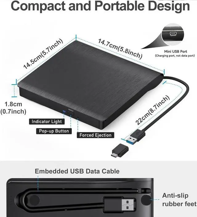 Alt view image 7 of 7 - Hitoor External CD DVD Drive, Portable USB 3.0 and Type-C CD/DVD RW Drive Player Rewriter CD/DVD Burner Optical Drive Compatible with Laptop Desktop PC Computer for Windows 7/8/10/11, Linux, MacOS