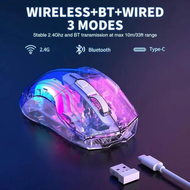 Alt view image 2 of 7 - Hitoor Wireless Gaming Mouse, Tri-Mode 2.4G/USB-C/Bluetooth Mouse, Rechargeable Computer Gaming Mice with 5 DPI Levels, 6 Buttons, 11 RGB Lights, Ergonomic Mouse for Laptop PC Mac-Transparent