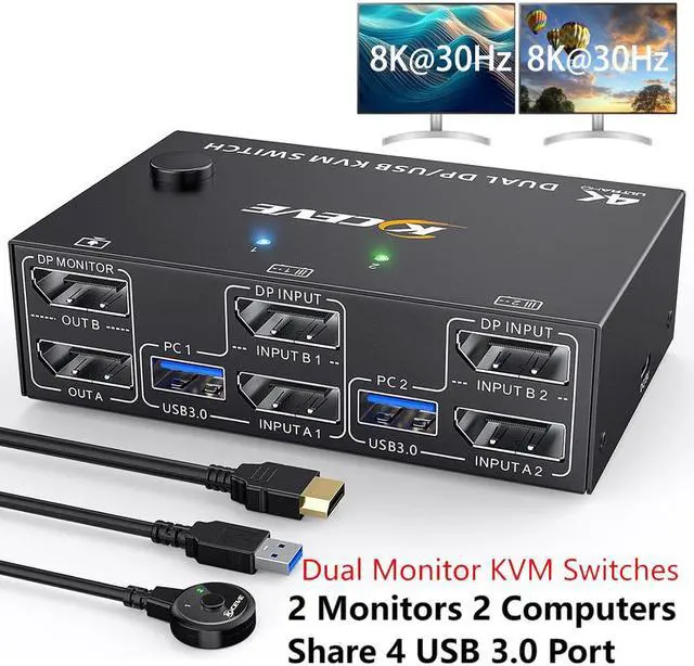Main image of Hitoor Displayport KVM Switch 2 Monitors 2 Computers 8K@30Hz 4K@144Hz, USB 3.0 Dual Monitor KVM Switches Displayport 1.4 2 in 2 Out with 4 USB 3.0 Port for USB Device,Wired Remote and 4 Cable Included