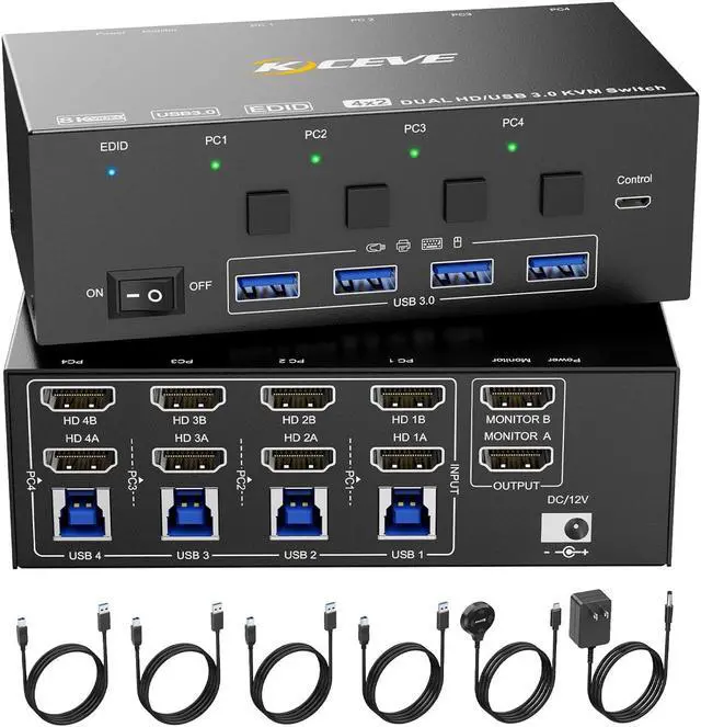 Main image of Hitoor HDMI KVM Switch 2 Monitors 4 Computers, 8K@60Hz 4K@144Hz USB 3.0 HDMI KVM Switcher with EDID Emulator for 4 Computers Share Mouse Keyboard and 2 Monitors, Stable Chip, Great Compatibility