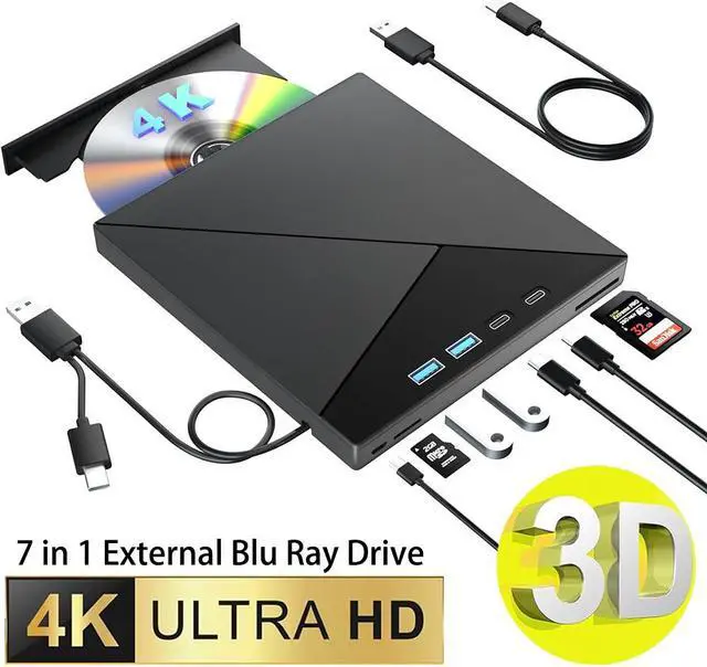 Main image of Hitoor 7 in 1 External Blu Ray Drive, 4K Blu Ray CD/DVD Burner with USB 3.0 Type-C Portable Blu-Ray Drive, 3D BD Player with 4 USB and SD/TF Ports, Optical Drive Compatible with Windows Linux MacOS