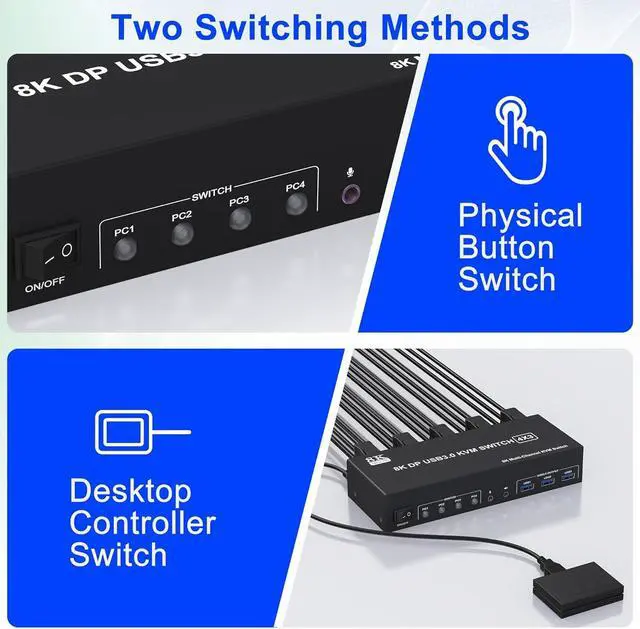 Alt view image 7 of 7 - Hitoor DisplayPort KVM Switch 3 Monitors 4 Computers 8K@60Hz 4K@144Hz, 4 Port DP 1.4 Triple Monitors KVM Switch for 4 Computer with Audio and 3 USB 3.0 Ports, Triple Monitor Keyboard Mouse Switcher