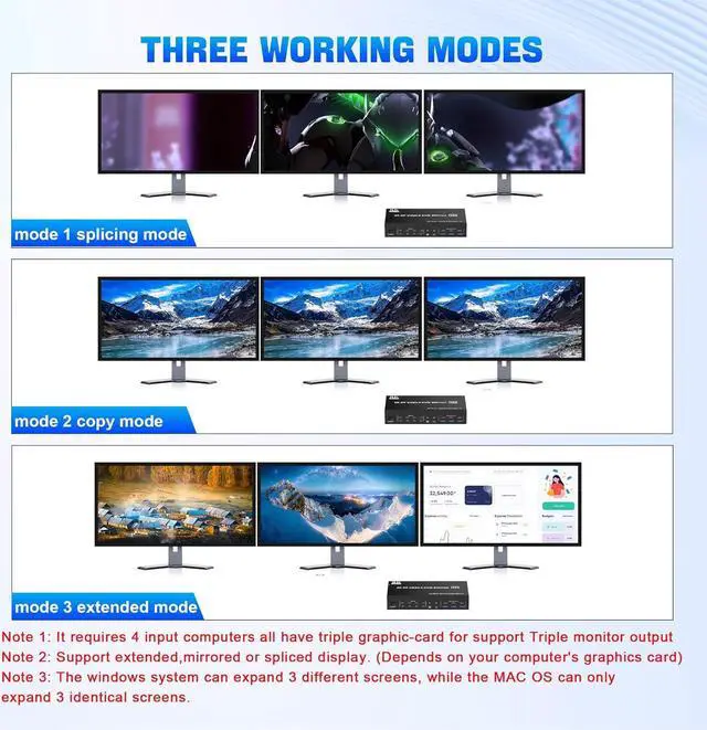 Alt view image 4 of 7 - Hitoor DisplayPort KVM Switch 3 Monitors 4 Computers 8K@60Hz 4K@144Hz, 4 Port DP 1.4 Triple Monitors KVM Switch for 4 Computer with Audio and 3 USB 3.0 Ports, Triple Monitor Keyboard Mouse Switcher