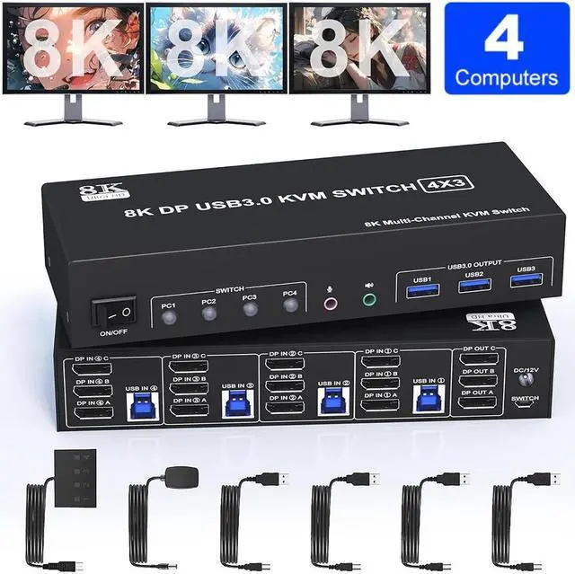 Main image of Hitoor DisplayPort KVM Switch 3 Monitors 4 Computers 8K@60Hz 4K@144Hz, 4 Port DP 1.4 Triple Monitors KVM Switch for 4 Computer with Audio and 3 USB 3.0 Ports, Triple Monitor Keyboard Mouse Switcher
