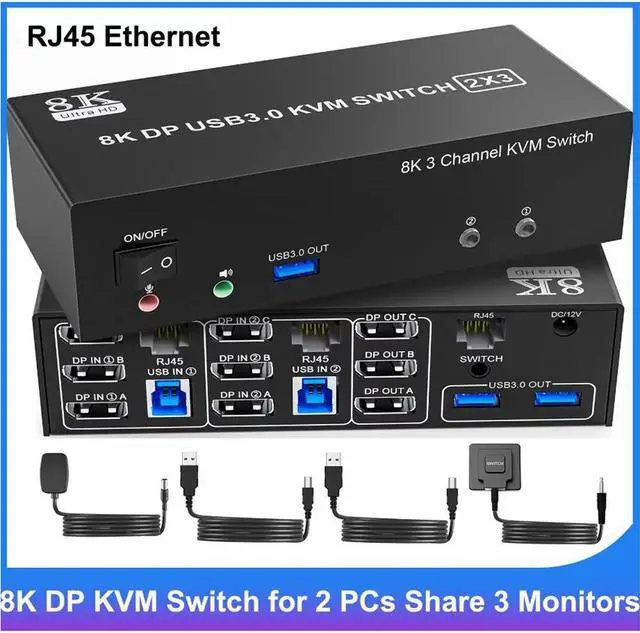 Main image of Hitoor 8K@60Hz Displayport KVM Switch 3 Monitors 2 Computers 4K@144Hz, DP1.4 KVM Switches Triple Monitor for 2 PCs Share 3 Monitors, RJ45 Ethernet Splitter 1 to 2, Audio Mic Port and 3 USB 3.0 Ports
