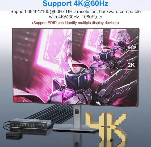 Alt view image 5 of 7 - Hitoor USB 3.0 HDMI KVM Switch 4 Computers 2 Monitors, 4K@60Hz 4 Ports HDMI Dual Monitors KVM Switch Supports EDID, with Audio Microphone Output and 3 USB 3.0 Ports, 4 in 2 Out HDMI KVM Switches
