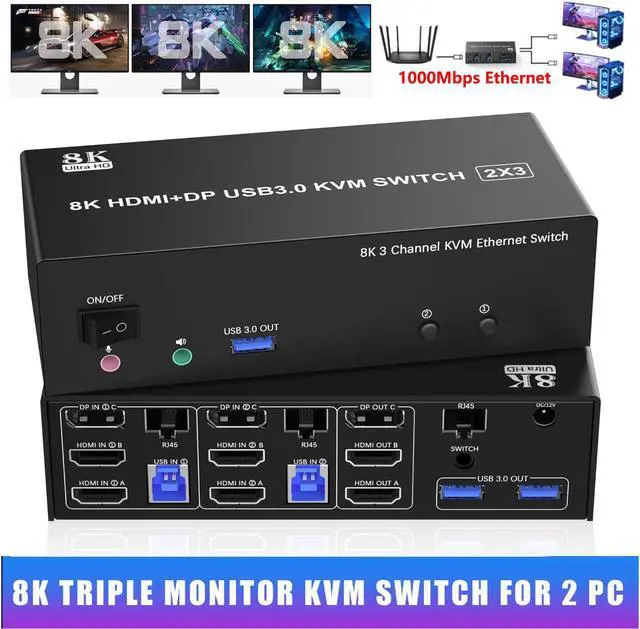 Main image of Hitoor KVM Switch 3 Monitors 2 Computers 8K@60Hz 4K@144Hz, 2 HDMI + DisplayPort Triple Monitor KVM Switch for 2 Computer Share 1000Mbps Ethernet, 3 USB 3.0 Ports, with Audio & Microphone Output