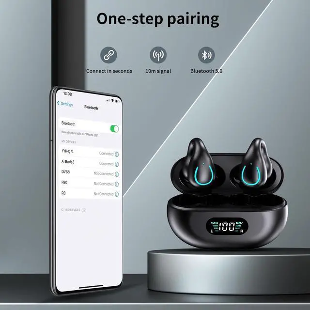 Alt view image 3 of 7 - Hitoor Open Ear Bone Conduction Headphones, Bluetooth 5.3 Wireless Open Clip on Ear Earbuds Built-in Mic with Ear Hooks Charging Case 60 Hours Playtime Sport Earphones Waterproof for Fitness Running