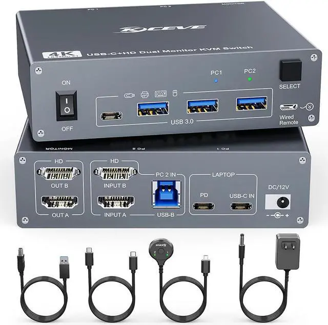 Main image of Hitoor USB C HDMI Dual Monitor KVM Switch 2 Monitors 2 Computers, Dual Monitor USB 3.0 Type C KVM Switcher Supports 4K@60Hz for 2 Computers Share Keyboard, Mouse and 2 Monitors, Wired Remote included