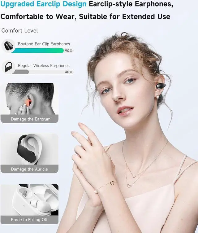 Alt view image 2 of 7 - Hitoor True Wireless Earbuds - Open Ear Headphones Wireless, Bone Conduction Earbuds With Mic, Bluetooth 5.3 Clip On Earphones, Fast Charging 50h Playtime, IPX4 Ear Buds For Running Sport Workout