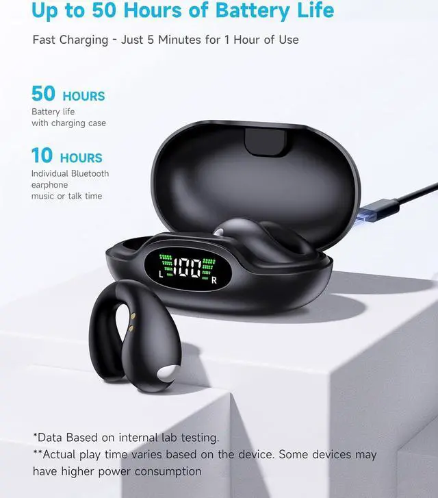 Alt view image 6 of 7 - Hitoor True Wireless Earbuds - Open Ear Headphones Wireless, Bone Conduction Earbuds With Mic, Bluetooth 5.3 Clip On Earphones, Fast Charging 50h Playtime, IPX4 Ear Buds For Running Sport Workout